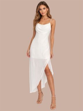 NO COMMENT Elegant Ivory Cowl Neckline Ruffle Asymmetric Slip Mesh Dress Size XL
